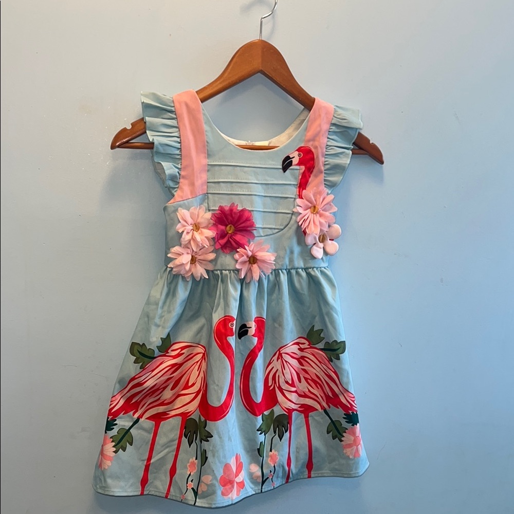 Flamingo Print Kids Dress - cute and sweet dress- Blue and Pink- size 6